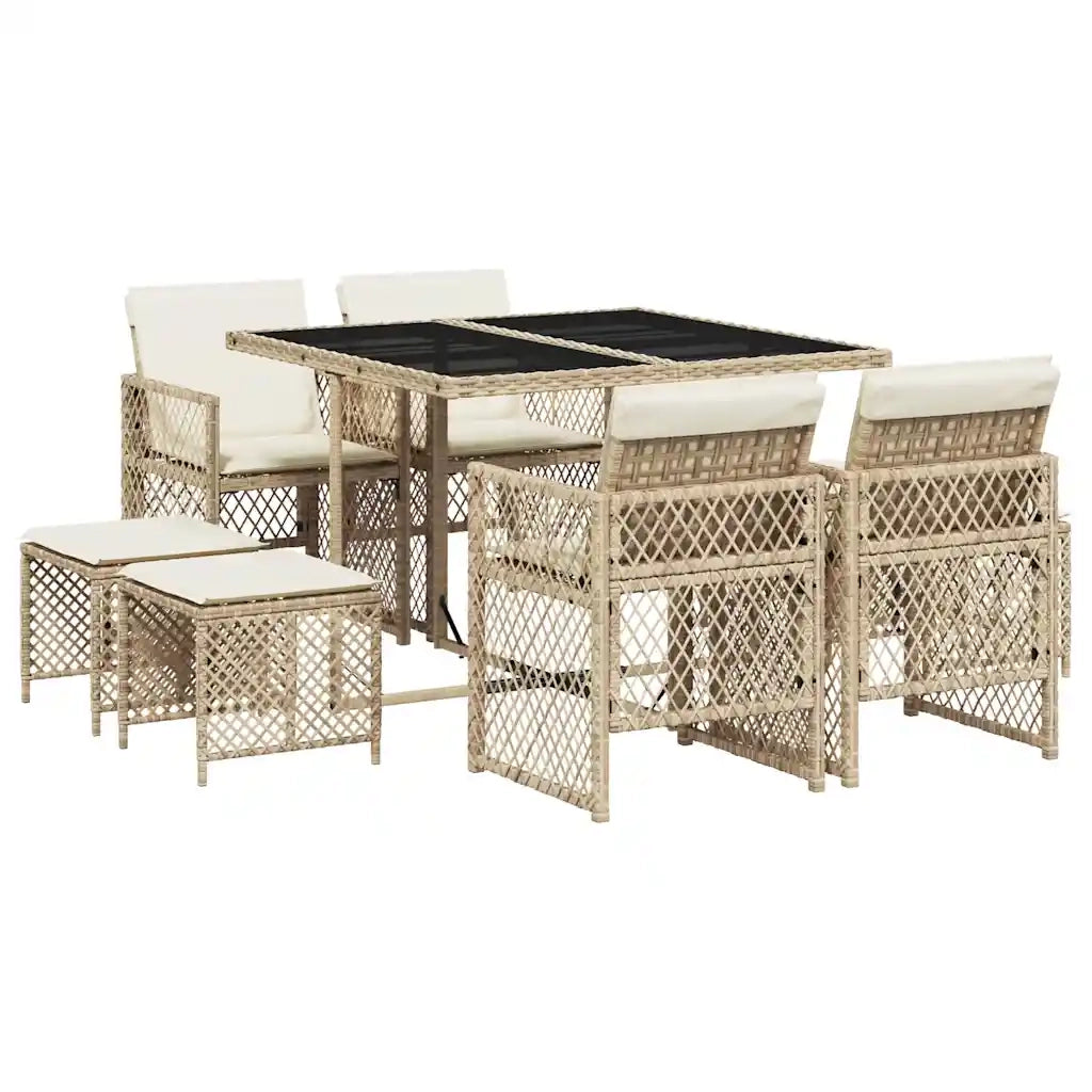 Set da Pranzo da Giardino 9 pz con Cuscini Beige in Polyrattan 3210778