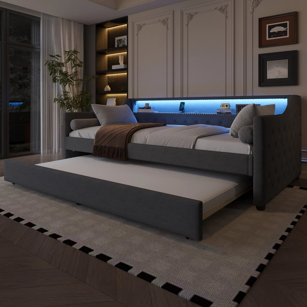 LETTO Divano 90x200 cm in lino grigio con letto estraibile, LED e USB