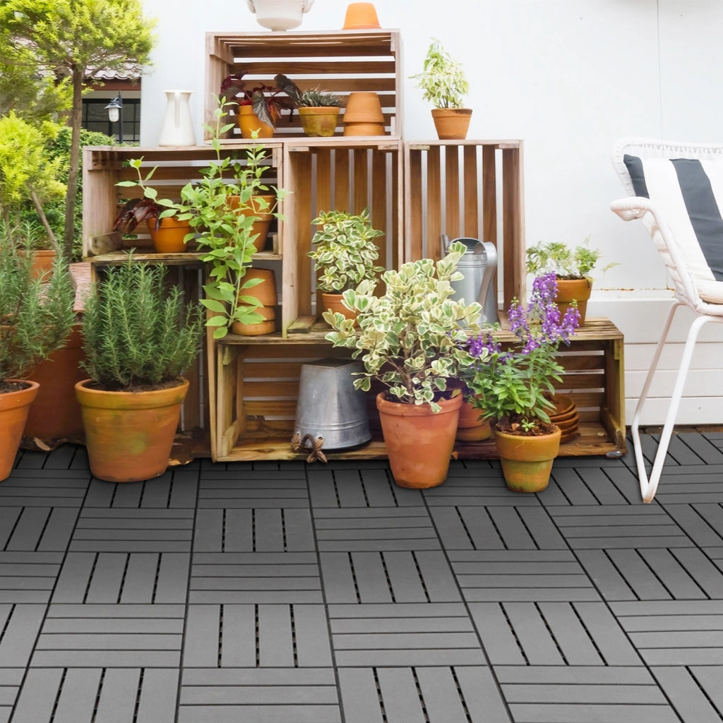 Set 9 Mattonelle a Incastro per Terrazzo, Piastrelle per Pavimenti, Piastrelle per Esterno in PP Antiscivolo, Area: 0.81 mq, 30x30x2cm, Nero