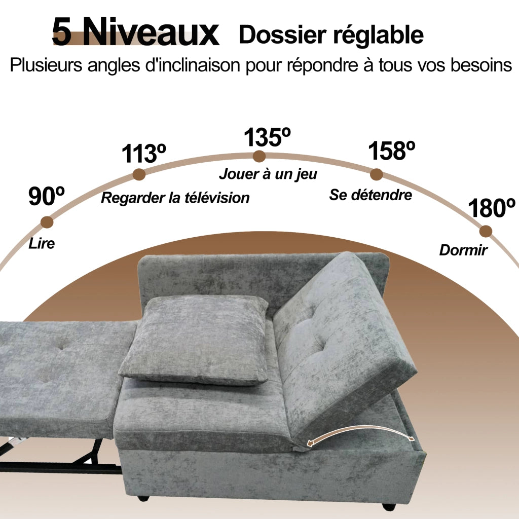 OKWISH Divano Letto 3 in 1, Schienale Regolabile in 5 Posizioni con Cuscino, Tessuto Imbottito Grigio 177 × 68 × 65 cm
