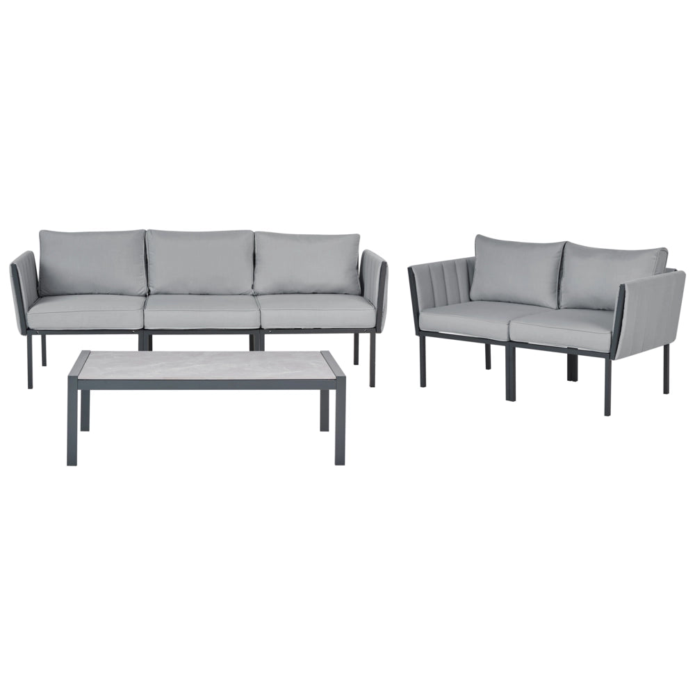 Set da giardino 5 posti con divano 2 poltrone grigio scuro in acciaio con Cuscini