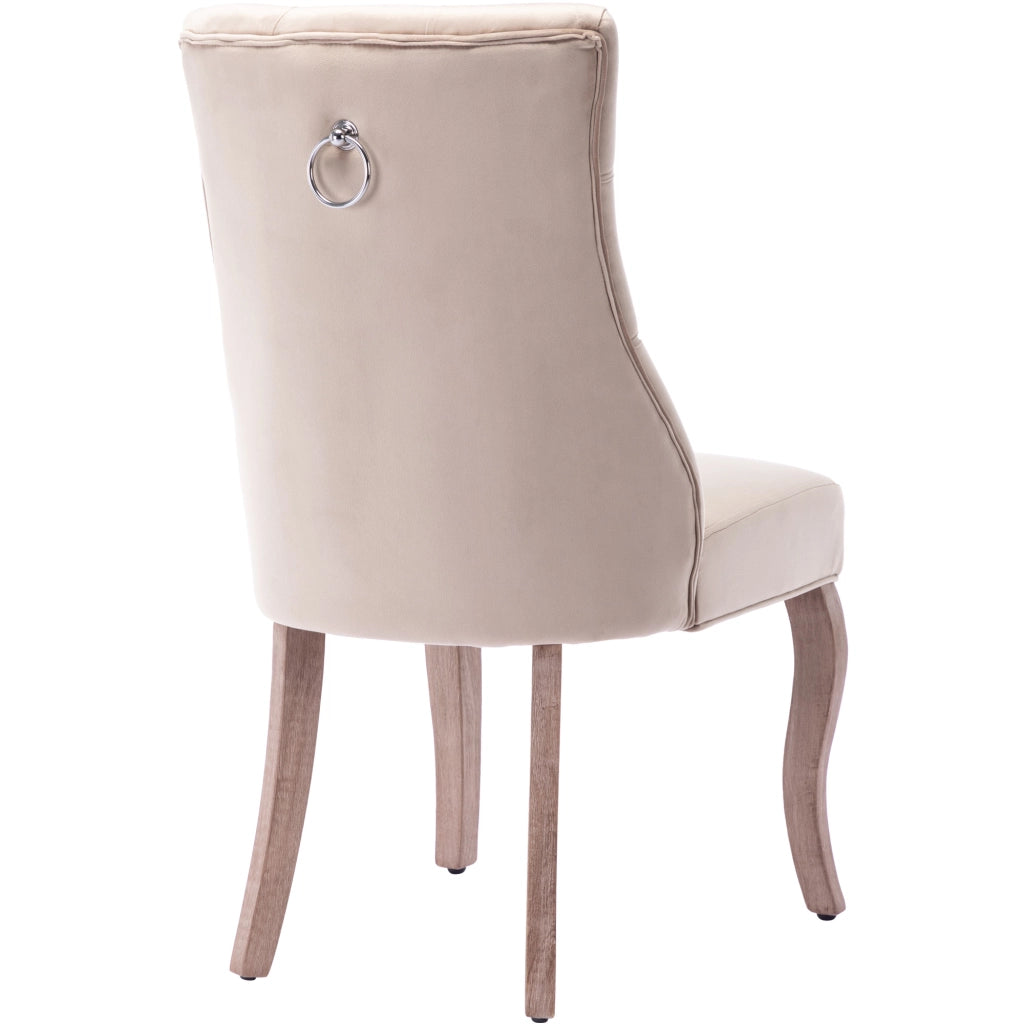 Sedia da pranzo in velluto con schienale alto e bottonatura, struttura in legno di caucciù stile moderno beige