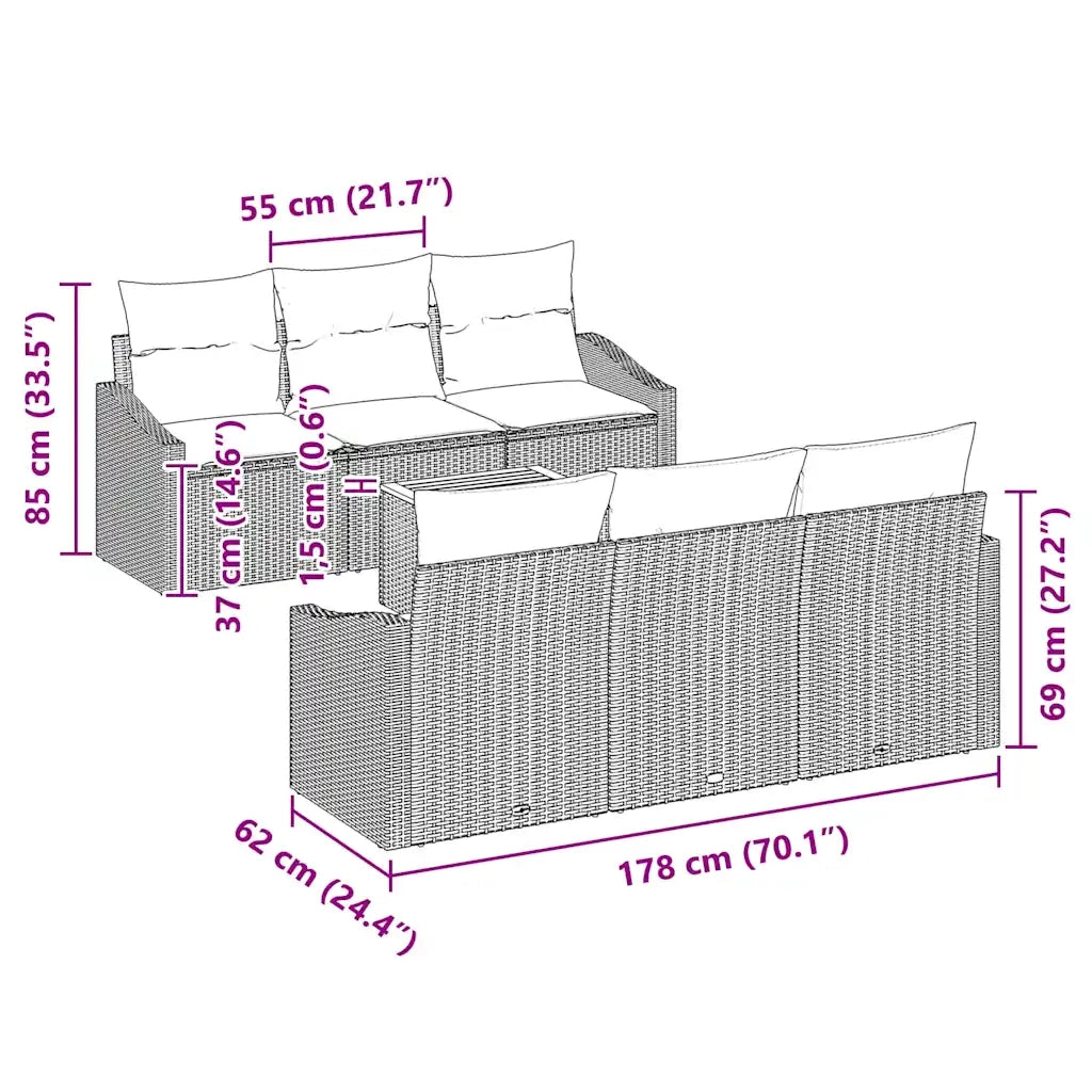 Set Divano da Giardino con cuscino 7 pcs Nero polyrattan 3347775