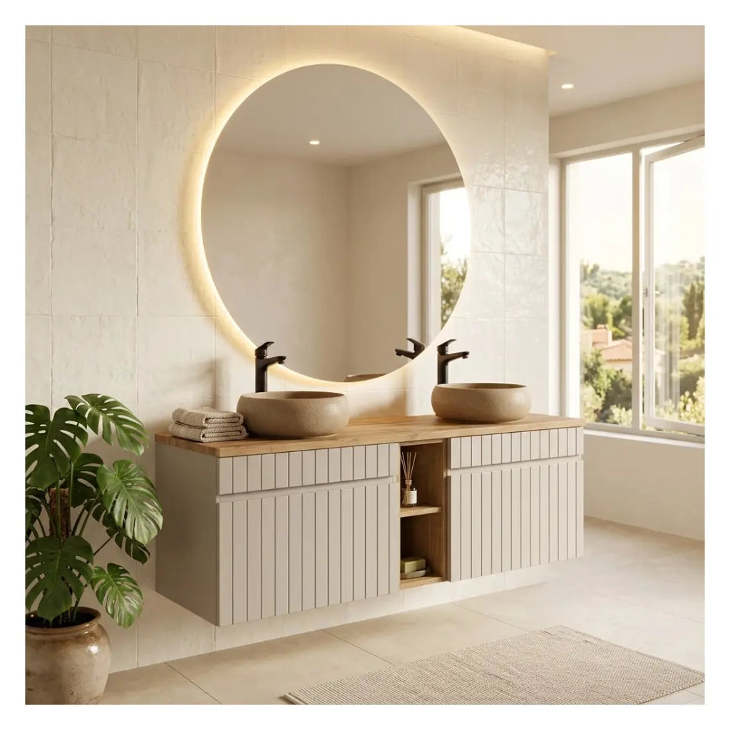 Insieme ICON: mobile sotto lavabo 140cm con nicchie visibili + 2 lavabi da appoggio rotondi marrone cappuccino