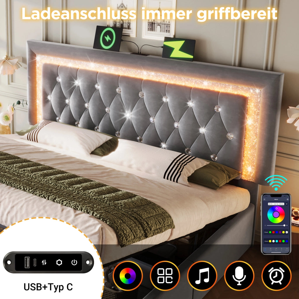 LETTO Contenitore 160x200 cm in velluto grigio con LED e porte USB/USB-C
