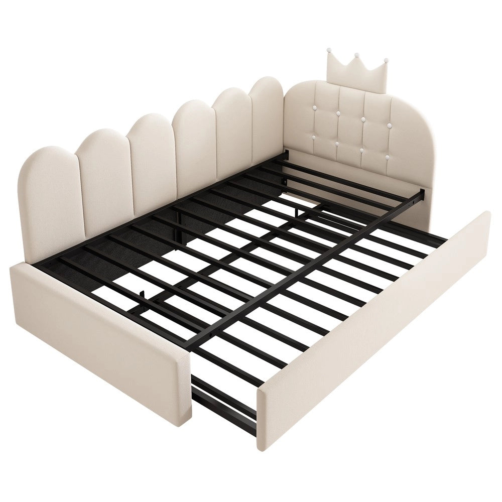 Divano letto estraibile - Zephmum- 90x200 cm- L-Form- Velluto- Beige- Design corona e griglia