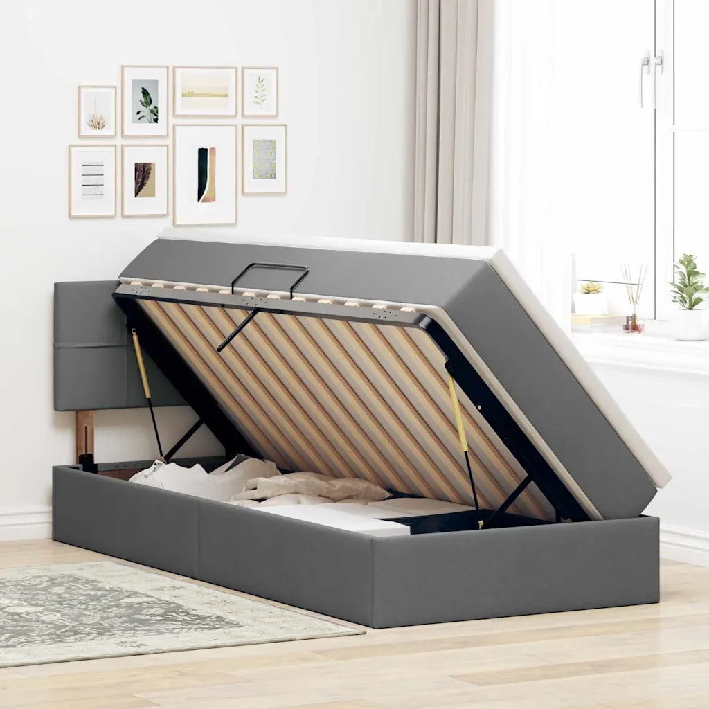Letto con contenitore e LED Grigio scuro 90 x 200 cm Tessuto