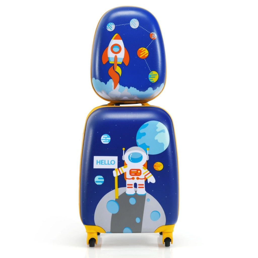 Set valigia rigida 27cm e zaino 24cm con manico retrattile, Set valigia con ruote da viaggio per bambini Blu-Bagagli e borse