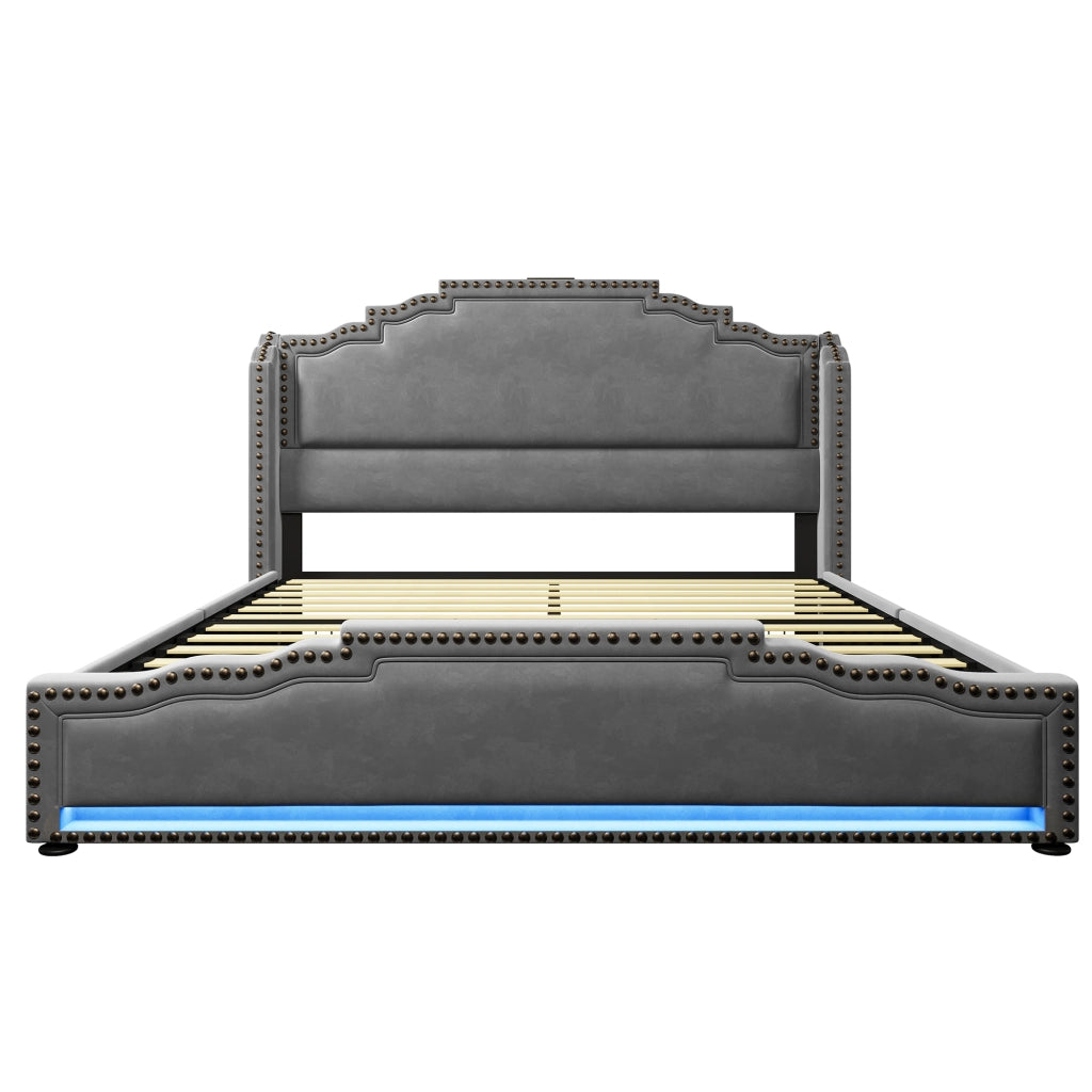 Letto imbottito 160x200 - Zephmum - 4 cassetti, LED, USB-C, velluto grigio