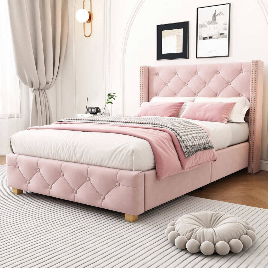 LETTO imbottito 90x200 cm in velluto rosa con testiera