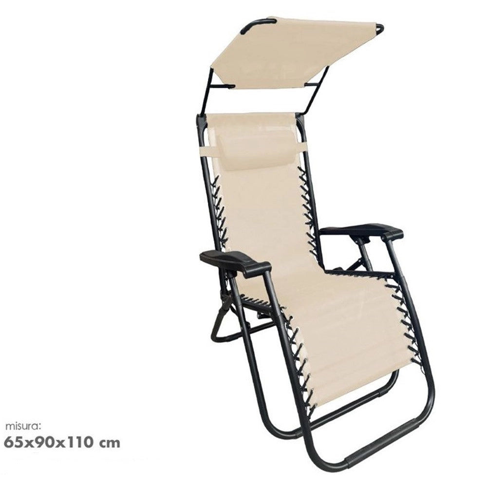 Trade Shop - Sedia Sdraio Con Parasole In Textilene Reclinabile Pieghevole Con Poggiatesta 483015 - Beige