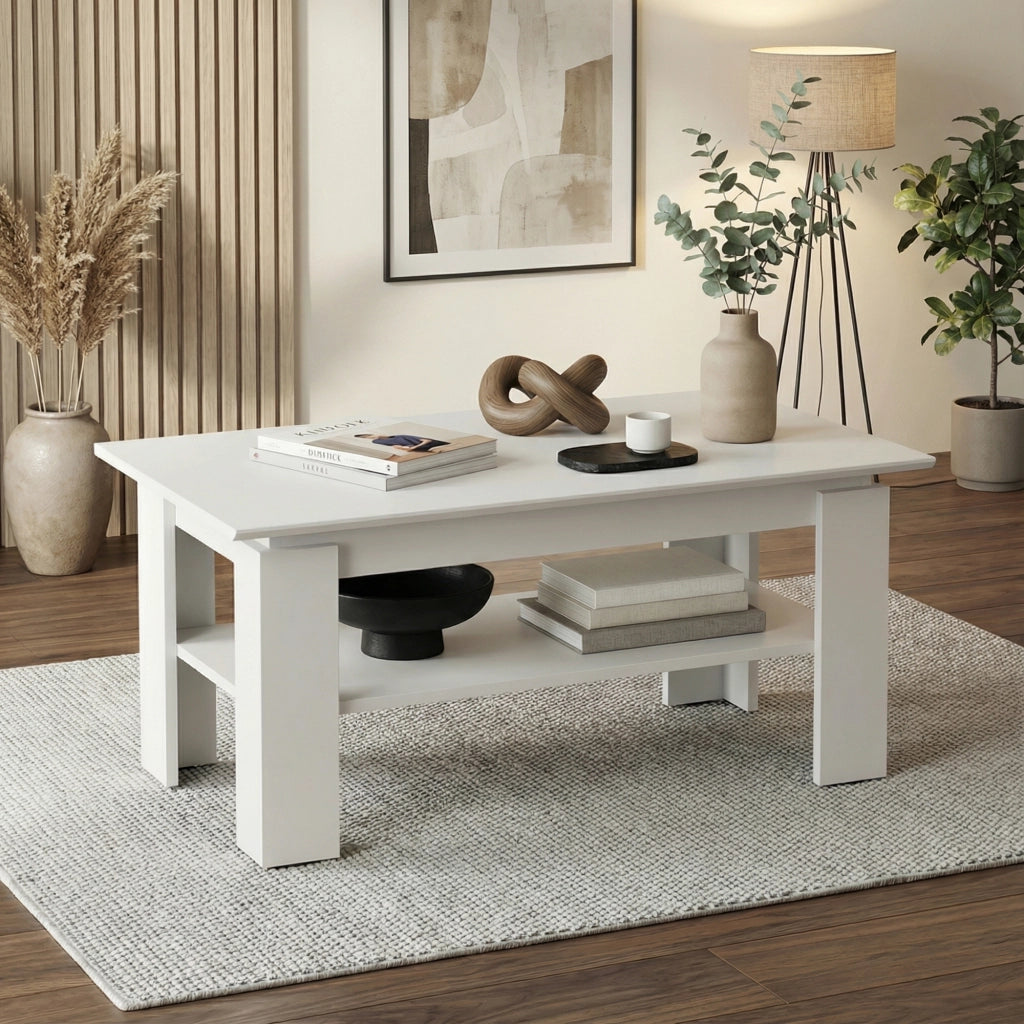 Tavolino, Tavolino da caff? Sola - Bianco - Ripiano aggiuntivo - Larghezza 90 cm, Altezza 43 cm, Profondit? 55 cm