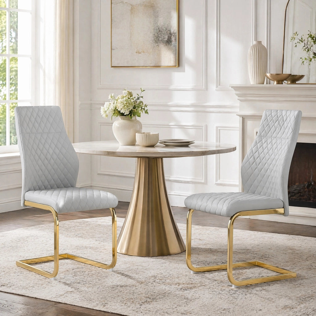 Sedia da Pranzo Set da 2 con Schienale Alto Ergonomico e Piedini Antiscivolo in Metallo e PU Grigio Chiaro Oro