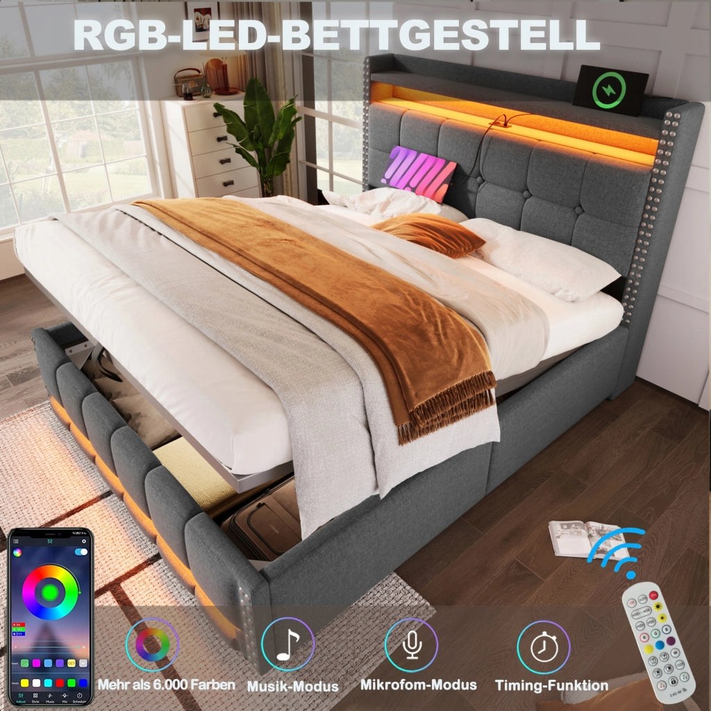 Letto matrimoniale 160x200 - Xylo - LED, Grigio