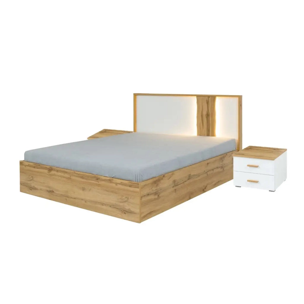 Pack letto 160x200 con LED + 2 comodini WOOD colore bianco e rovere