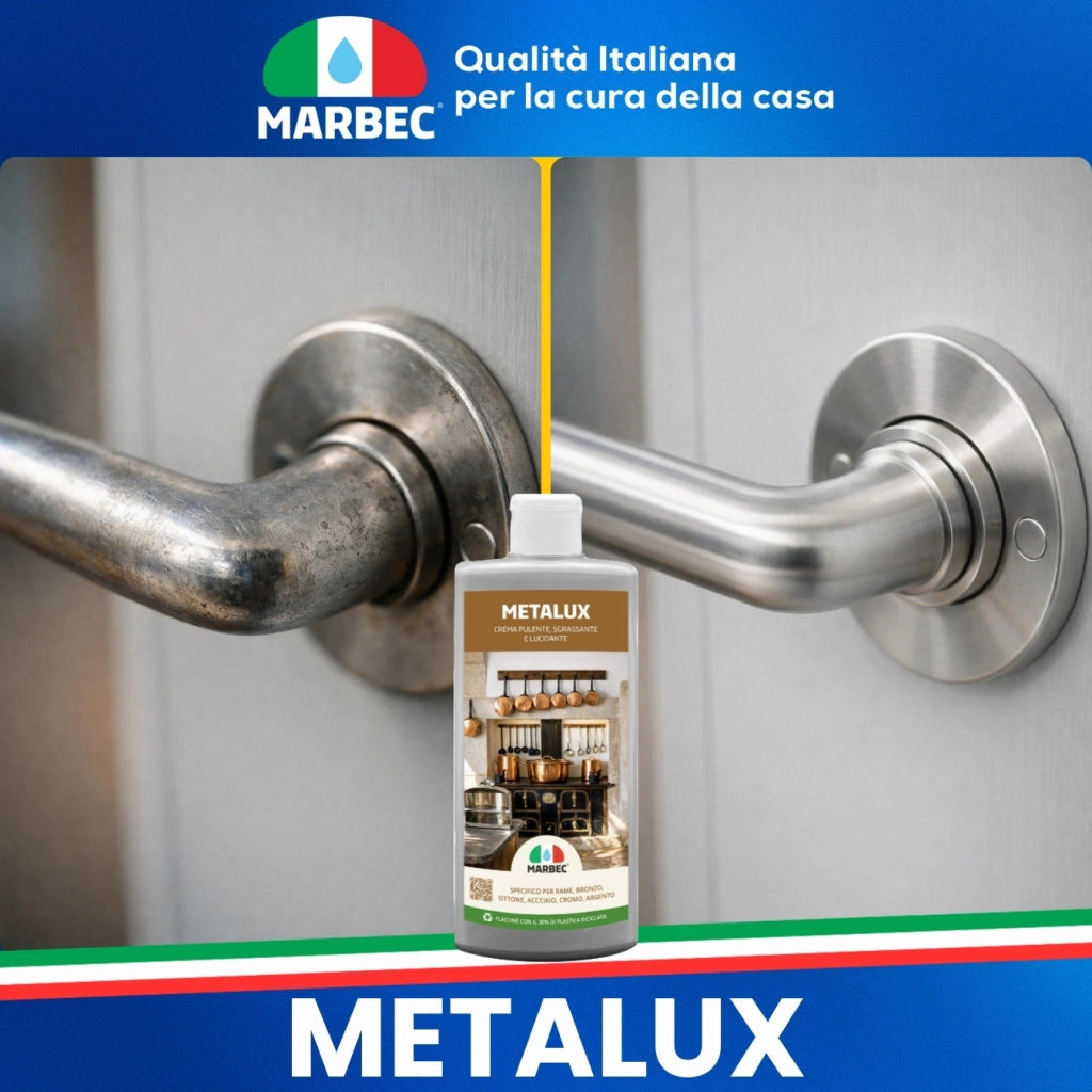 Crema lucidante metalli, pulizia e brillantezza in un solo gesto, ideale per rame e acciaio Marbec METALUX - 250GR