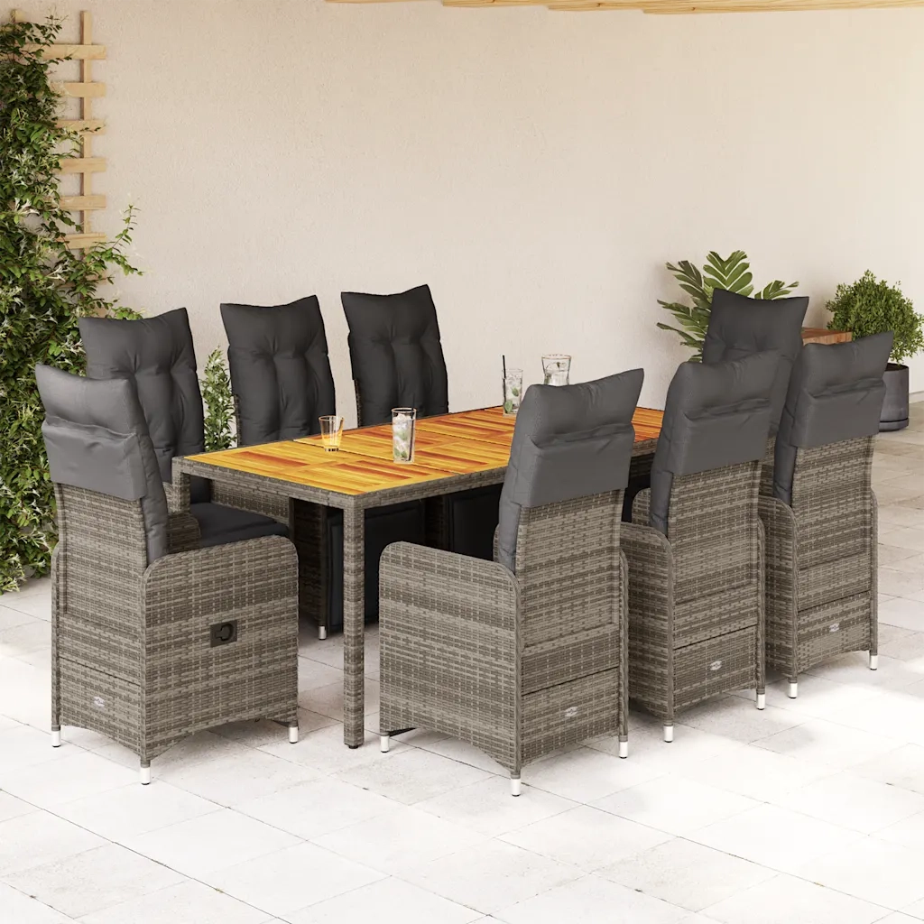 Set Bistrò da Giardino 9 pz con Cuscini in Polyrattan Grigio 3277162