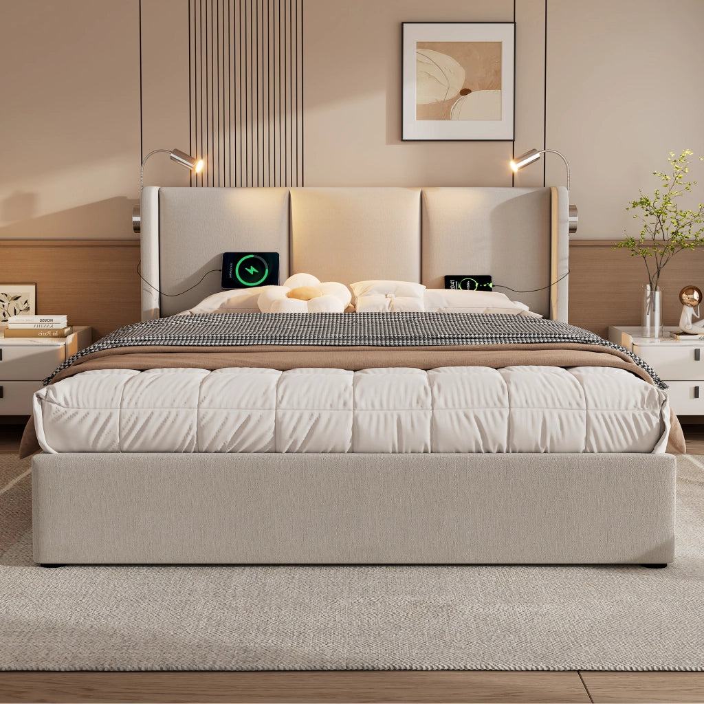 LETTO Contenitore 180x200 cm Beige in Lino con Luce da lettura e USB