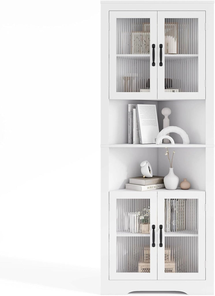 Armadio Angolare 66 x 35 x 171 cm, Mobile Bagno Triangolare Salvaspazio con 4 Ante in Vetro Temperato e Ripiani Regolabil, Mobile Angolare per Soggiorno, Cucina e Sala da Pranzo
