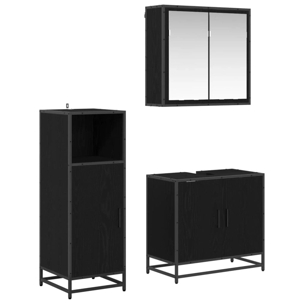 Set di mobili per il Bagno | Armadio da bagno 3 pz Rovere Nero Legno multistrato