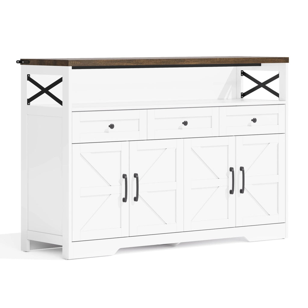 Buffet Anrichte 140 cm con 3 cassetti, 2 armadi e vani aperti, design rustico moderno in MDF, bianco e marrone