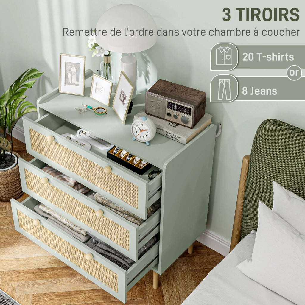 Cassettiera boh¨¦mien rattan naturale ¨C Xylo ¨C 3 cassetti verde oliva