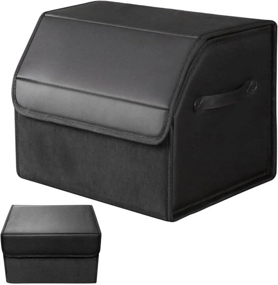 Scatola di stoccaggio per auto con coperchio - Scatola di stoccaggio pieghevole in pelle con nastro antiscivolo e maniglie per SUV, sedan, camper 

Dimensioni: 38 x 31 x 30 cm