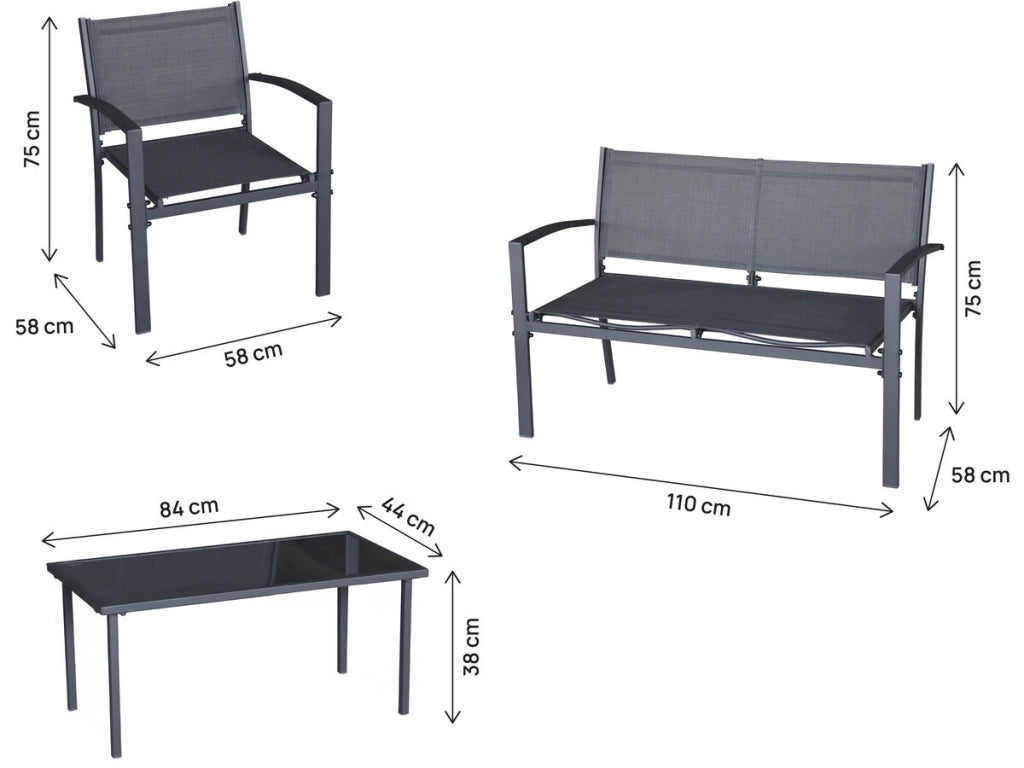 Set di mobili da giardino in metallo "Lino II" - 4 posti - Nero