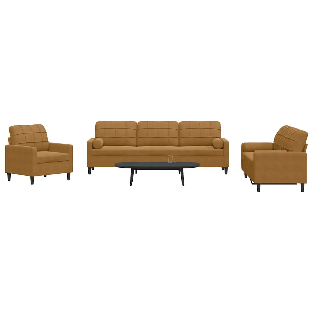 Set di Divani 3 pz con Cuscini e Rinforzi Marrone in Velluto 3278458