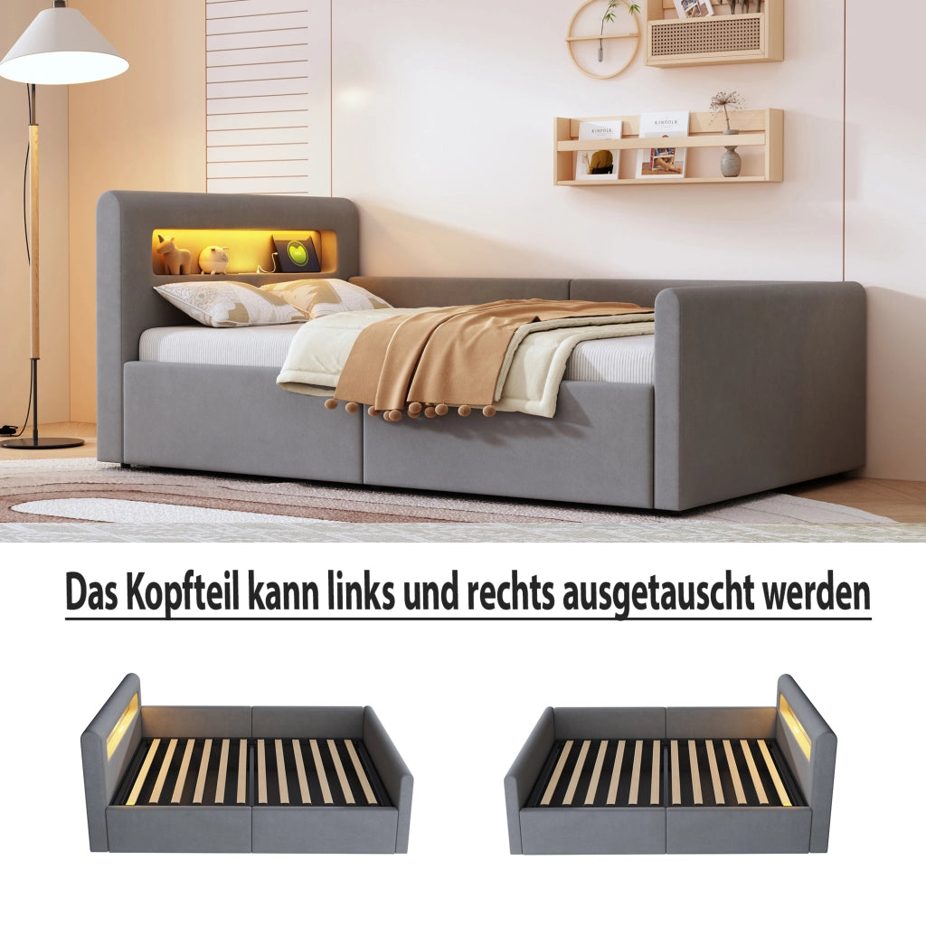 LETTO imbottito 90x200 cm in velluto grigio con LED, USB e contenitore idraulico