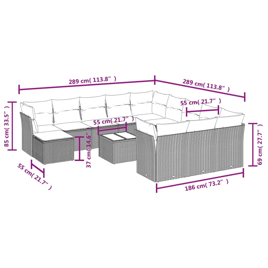 Set Divani da Giardino 13pz con Cuscini Nero in Polyrattan