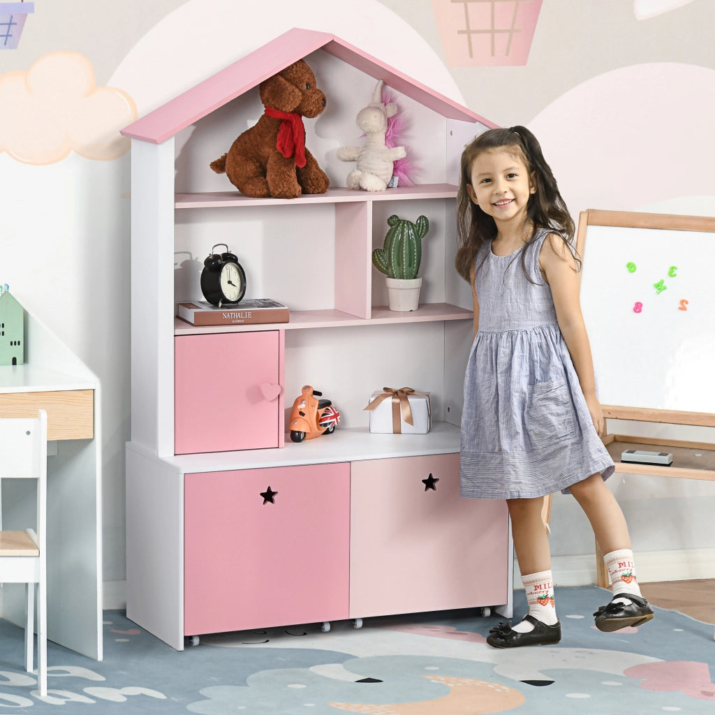 Libreria per Bambini con 4 Ripiani, 1 Anta e 2 Cassetti ¨C Minimal ¨C 80x34x130 cm Rosa e Bianco