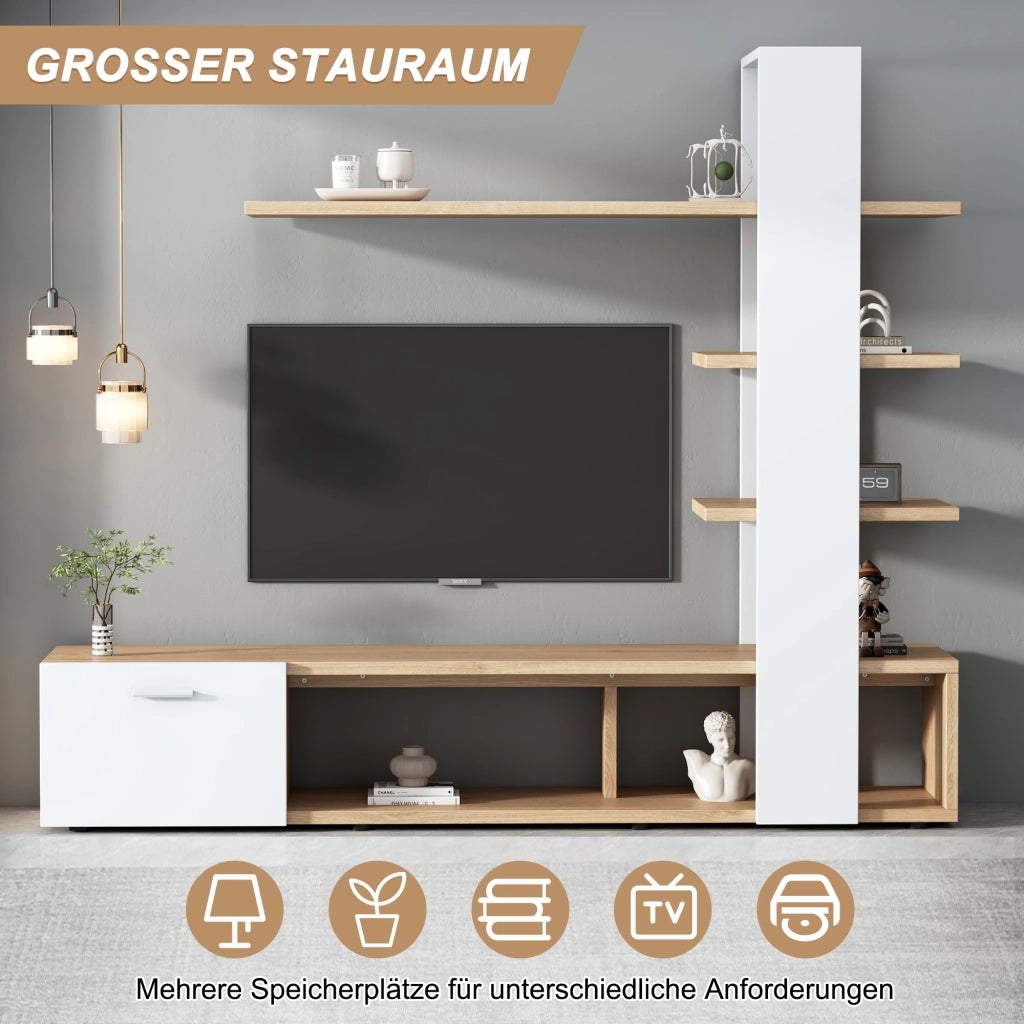 Cassettiera per TV bianca e legno; truciolato; lunghezza 180 cm