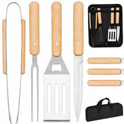 Set 4 Pezzi Accessori per Barbecue con Valigetta Pieghevole con Manico in Legno