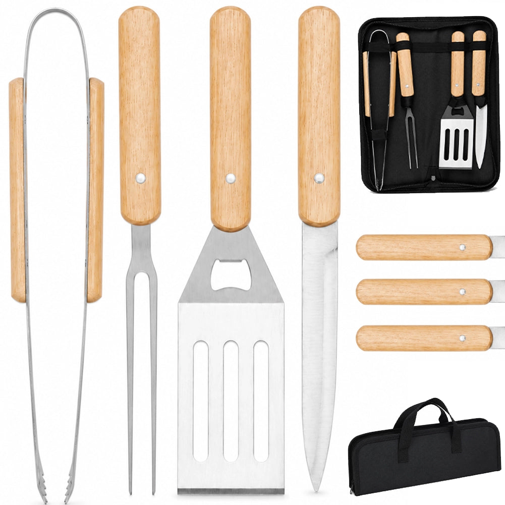 Set 4 Pezzi Accessori per Barbecue con Valigetta Pieghevole con Manico in Legno