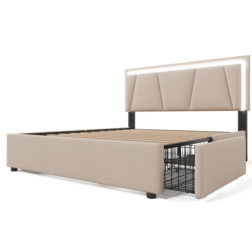 LETTO 160x200 cm con testiera regolabile, LED, 4 cassetti, Beige