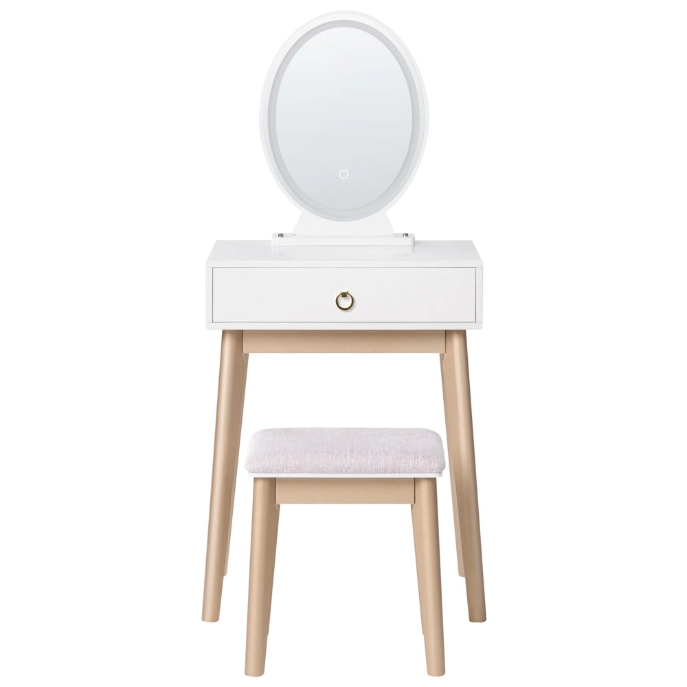 Toeletta con 3 cassetti specchio LED bianco e oro e sgabello camera da letto elegante