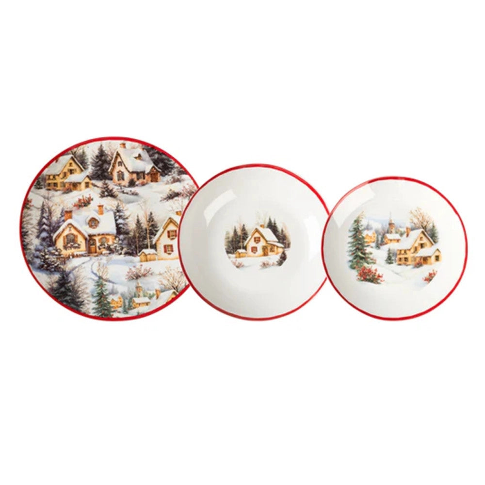 Trade Shop - Servizio Piatti Tavola Natalizio In Porcellana 18pz Decoro Paesaggio Invernale Bordo Rosso -