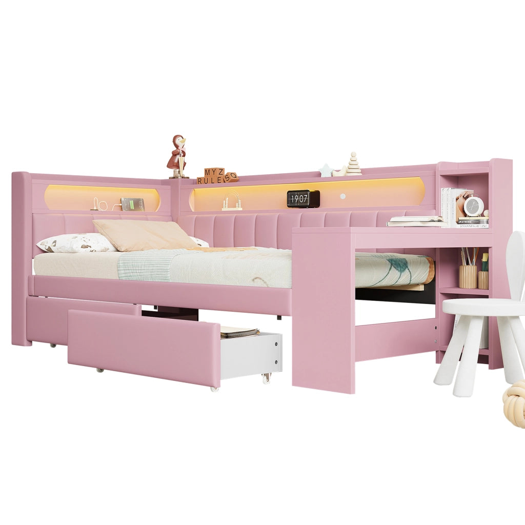 Lettino con scrivania 90x200; porte USB; striscia LED; 2 cassetti; rosa