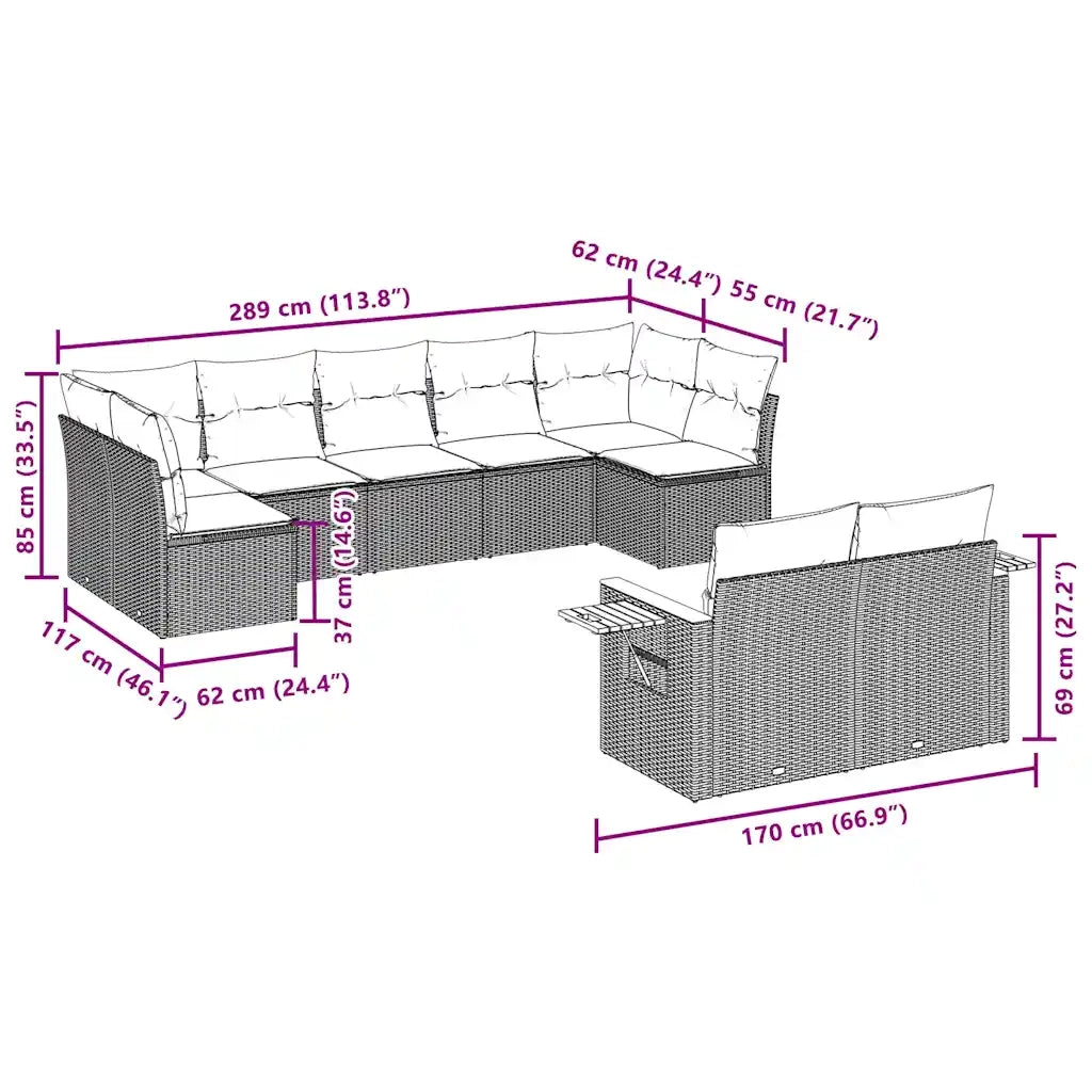 Set Divani da Giardino 9 pz con Cuscini Grigio in Polyrattan 3227132
