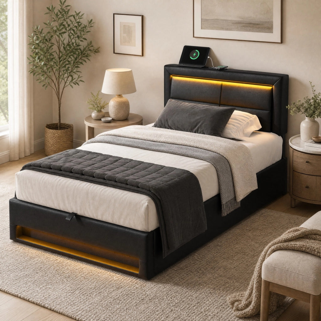 LETTO Imbottito 90x200 cm PU Nero con USB, LED e vano contenitore