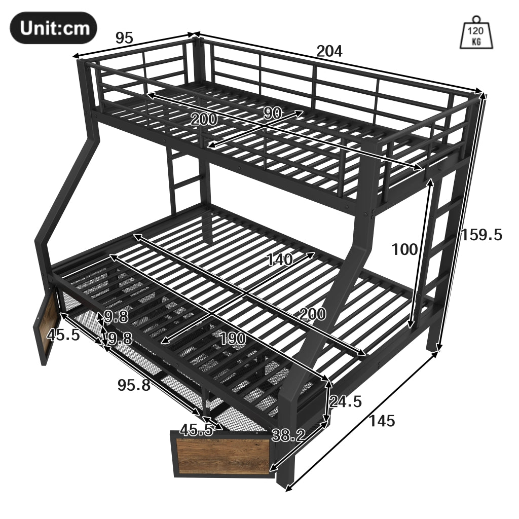Letto a castello con scarpiera metallo nero 90x200 cm