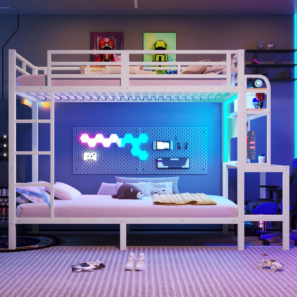 LETTO a castello 90x200 cm Metallo e MDF Bianco con scrivania e LED