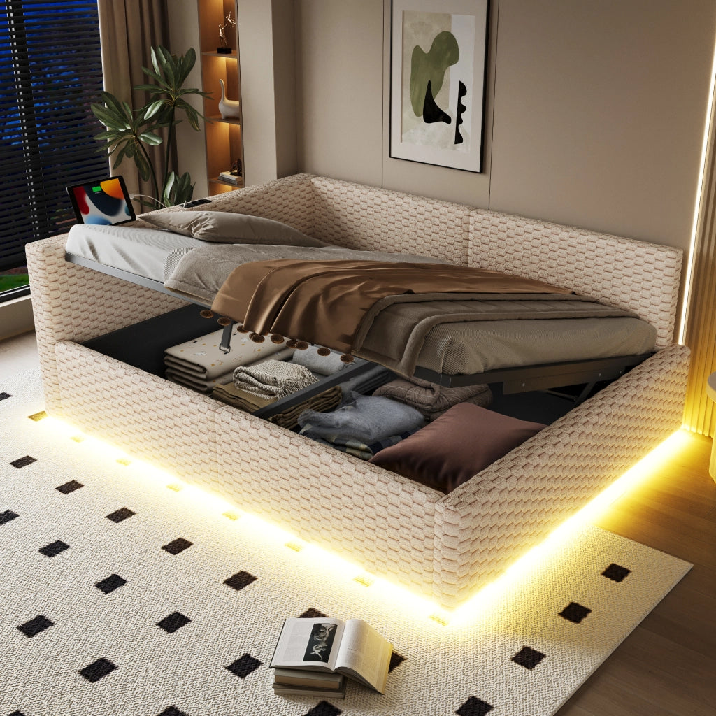 Letto Imbottito 140x200 con LED e USB ¨C MINIMAL ¨C Velluto Beige, Idraulico