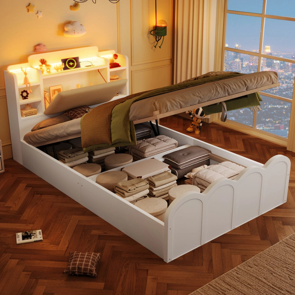 LETTO Contenitore Idraulico 90x200 cm Bianco con USB-C e LED