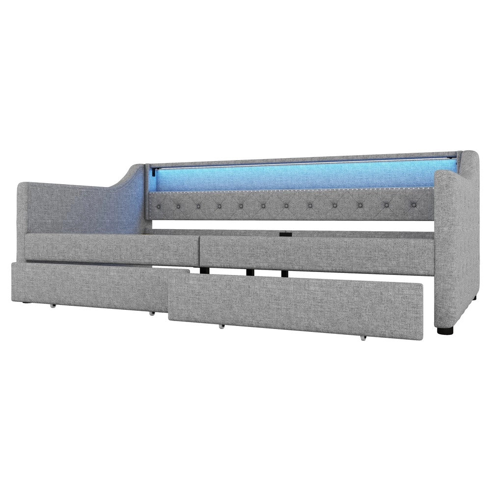 Letto Singolo Divano con Doghe e Cassetti ¨C MINIMAL ¨C Grigio, LED, 90x200