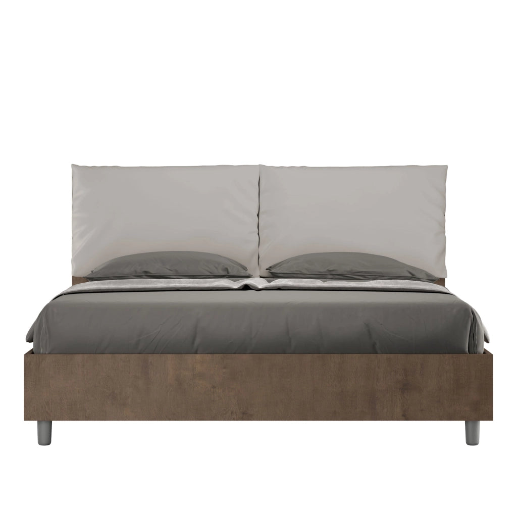 BS COM Letto matrimoniale con rete 160x200 Noce cuscini similpelle tortora