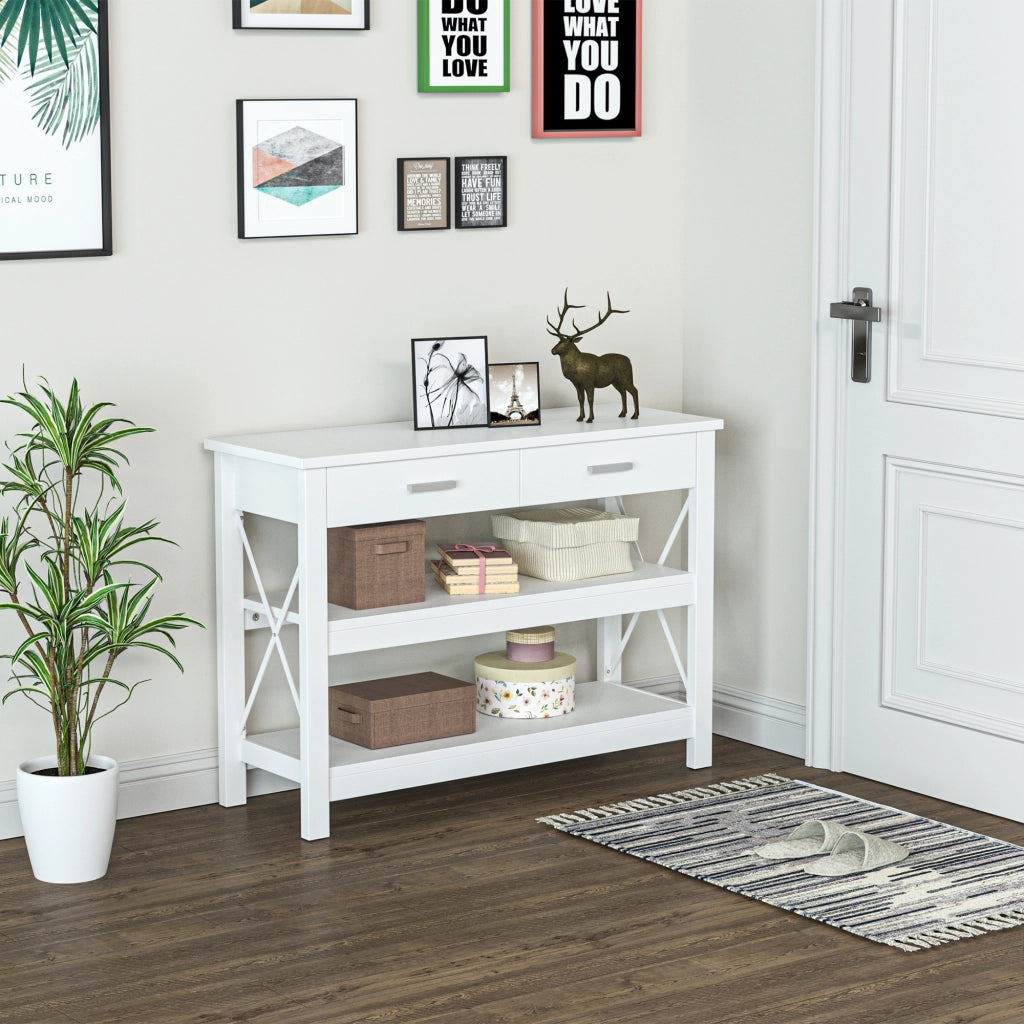 Tavolo console con 2 cassetti e ripiani ¨C Minimal ¨C Bianco 105x40x76 cm