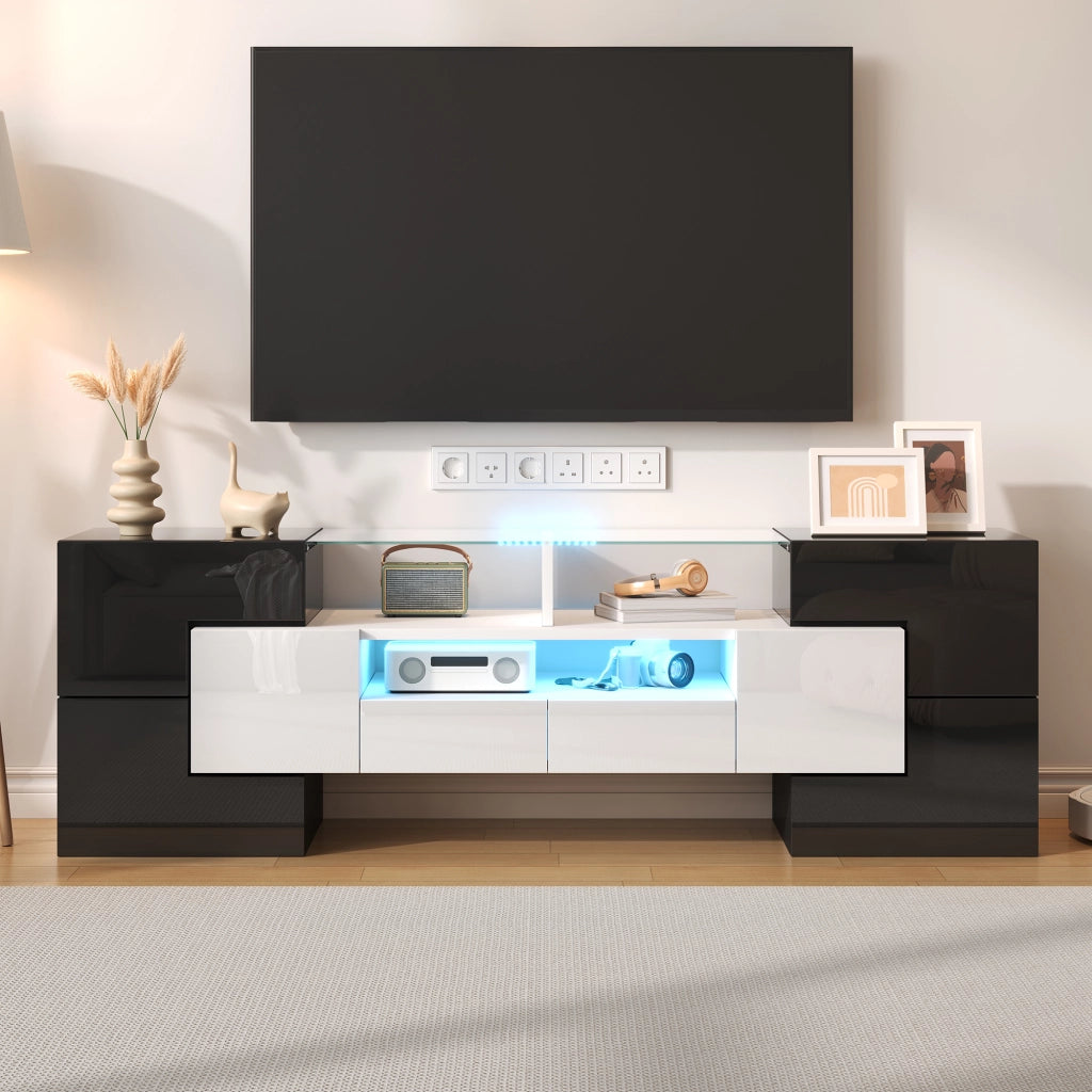 Credenza TV bianco lucido e nero in truciolare 145 cm