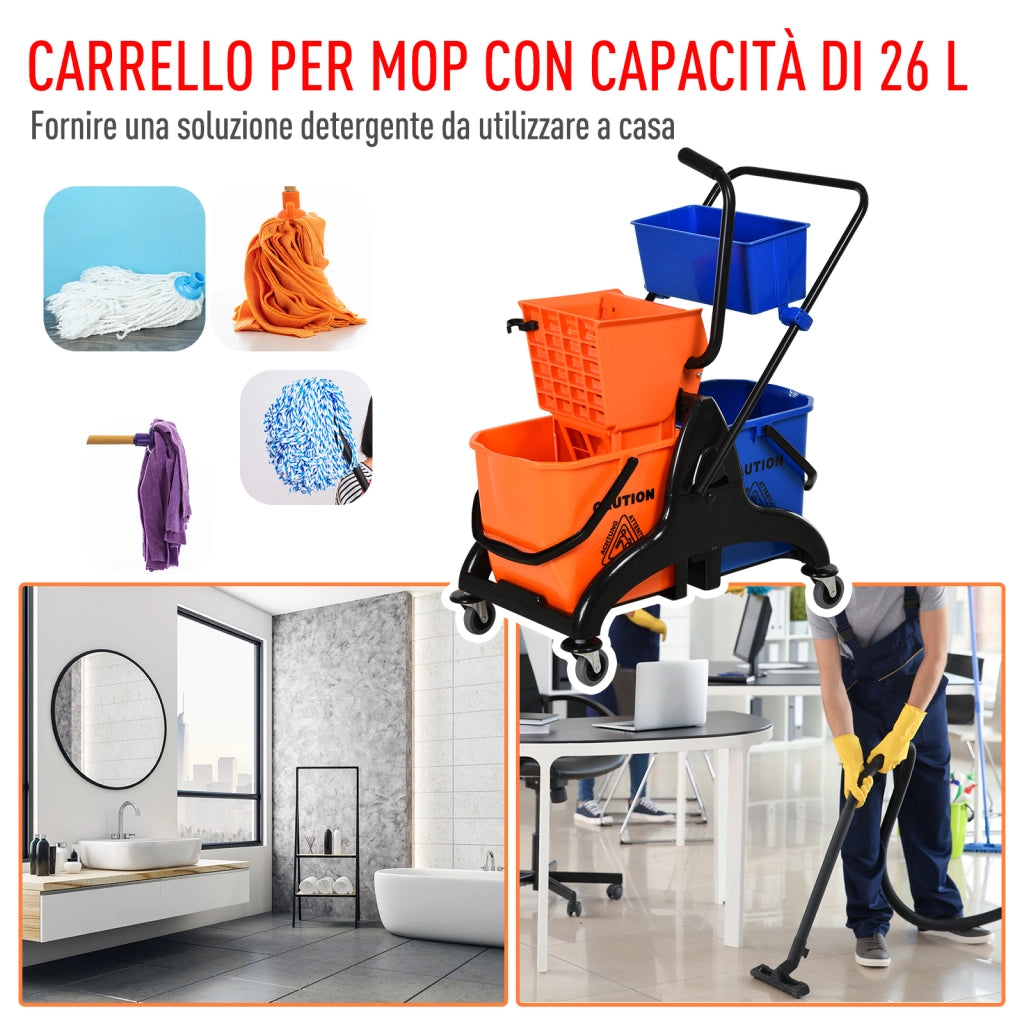 Carrello per pulizie con secchi ¨C Minimal ¨C 78x45x95 cm, arancio e blu, plastica e metallo